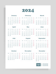 Calendar poster for 2024. Vector vertical template A4 format.