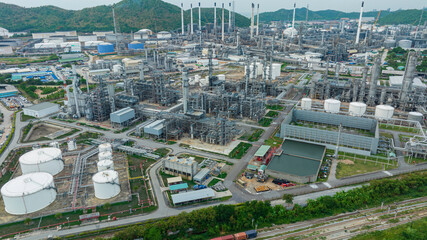 Oil refinery plant from industry zone, Aerial view tank oil and gas petrochemical industrial,...