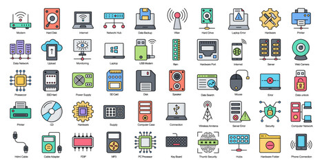 Hardware Line Color Icons Technology CPU Computer Icon Set in Filled Outline Style 50 Vector Icons
