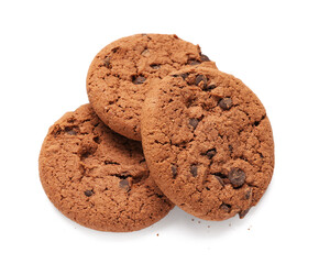 Tasty cookies with chocolate chips on white background