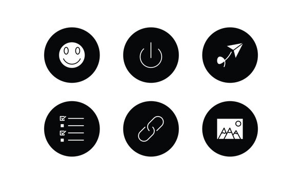 user interface filled icons set. user interface filled icons pack included smile smile, turn off, paper plane flying, test quiz, images interface, image with mountains vector.