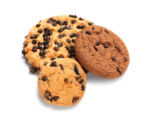 Tasty cookies with chocolate chips on white background