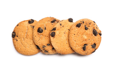 Tasty cookies with chocolate chips on white background