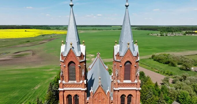 flight over the spiers of a neo-gothic temple