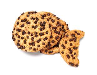 Tasty cookies with chocolate chips on white background