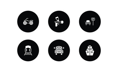 transport collection. filled icons set. transport collection. filled icons pack included quad bike, car painting, car parking, diesel train, school bus empty, boating vector.