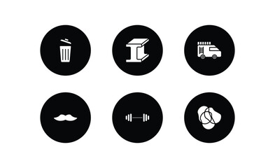tools and utensils filled icons set. tools and utensils filled icons pack included trash can open, metal, firetruck, moustaches, exercise with dumbbells, rubber bands vector.