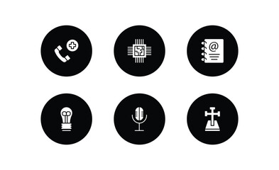 technology filled icons set. technology filled icons pack included hospital phone, big chip, email agenda, light bulb turned off, basic microphone, cross stuck in ground vector.