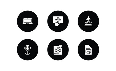 technology filled icons set. technology filled icons pack included laptop frontal monitor, touchscreen, teletransportation, old mic, retro squared camera, big floppy disk vector.