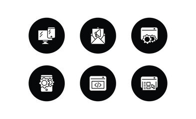 technology filled icons set. technology filled icons pack included responsive web de, email marketing, sdk, hybrid app, back end, user interface vector.