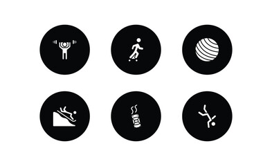 sports filled icons set. sports filled icons pack included weight lifting, boy with skatingboard, exercise ball, snow slide zone, drift car, capoeira vector.