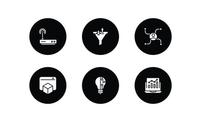 technology filled icons set. technology filled icons pack included routers, sales funnel, affiliate marketing, virtual box, light bulb idea, analysis process vector.