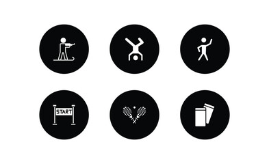 sports filled icons set. sports filled icons pack included biathlon, breakdance, stretching, starting line, tennis game, amonestation vector.