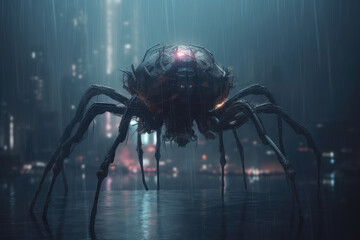 Obraz na płótnie Canvas Cyberpunk terrifying monster spider standing in a rainy night background in a digital illustration. Robot spider in the shape of a futuristic post apocalyptic world. Creepy alien creature from science