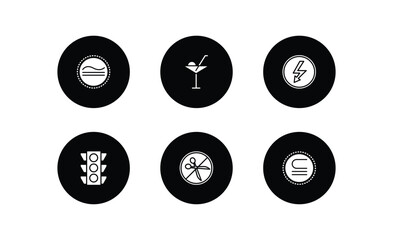 signs filled icons set. signs filled icons pack included is congruent to, drinks, lightning warning, traffic light, no cut, is not a sub vector.