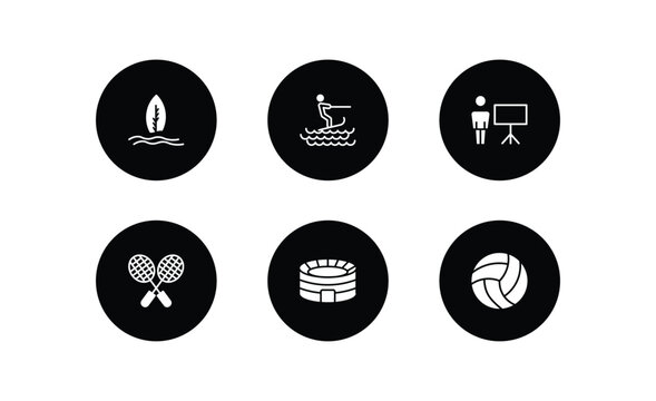 sport filled icons set. sport filled icons pack included surf, surf sea, training, badminton, estadio, volleyball vector.