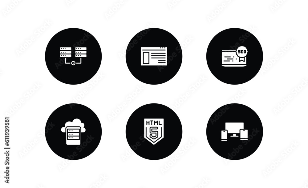 Poster programming filled icons set. programming filled icons pack included hosting, ux de, seo reputation,
