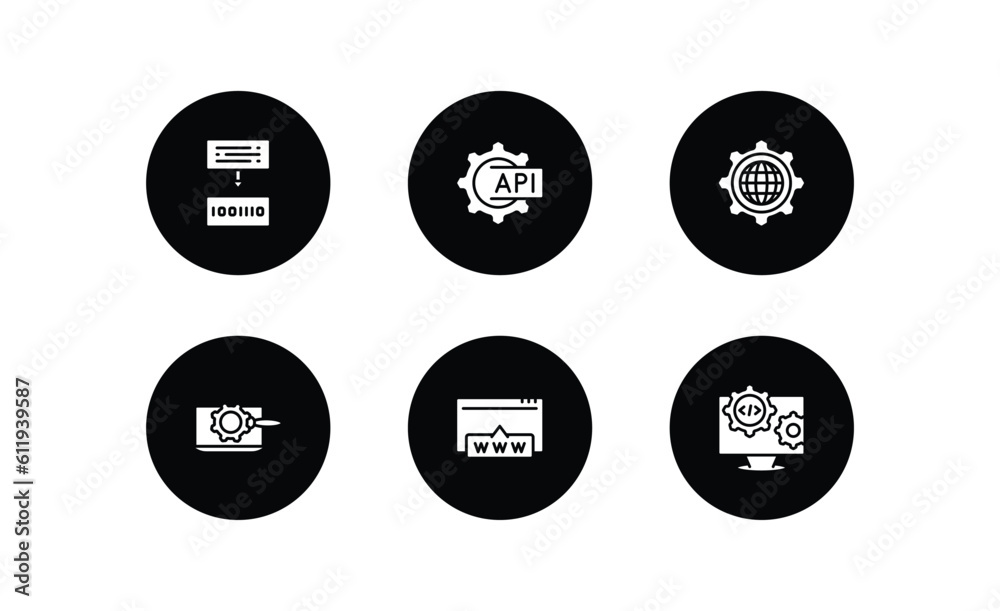 Poster programming filled icons set. programming filled icons pack included compiler, api, cyberspace, seo 