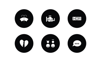 shapes filled icons set. shapes filled icons pack included windshield washer, malfunction indicador, hdr, broken heart, characters, speech bubble black vector.