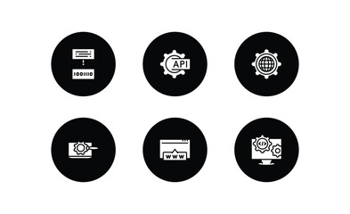 programming filled icons set. programming filled icons pack included compiler, api, cyberspace, seo tools, www, engineering vector.