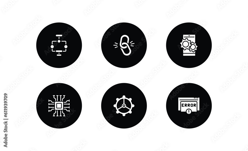 Poster programming filled icons set. programming filled icons pack included aorithm, broken link, operating