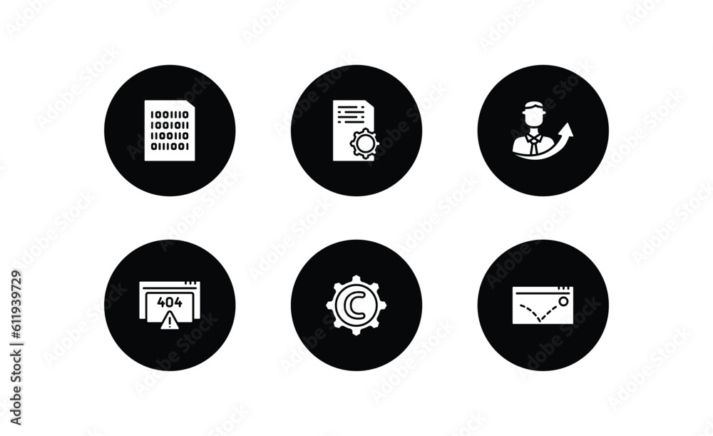 Poster programming filled icons set. programming filled icons pack included binary file, article, seo growt