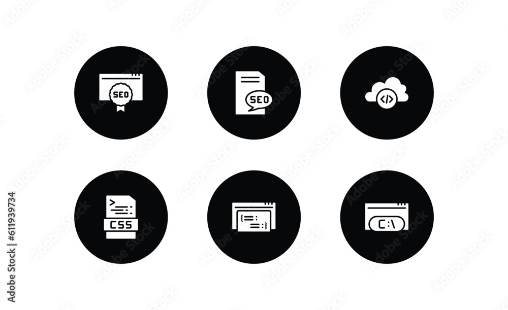 Poster programming filled icons set. programming filled icons pack included seo ranking, seo report, cloud 