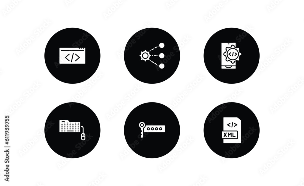 Poster programming filled icons set. programming filled icons pack included html, sharing, mobile developme
