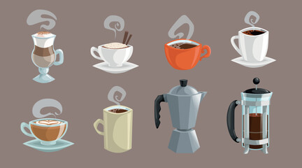 Coffee objects set. White cup of coffee with cream and cinnamon sticks, sugar sachets, turkish coffee maker cezve, grinder, french press. Vector cartoon style flat illustrations.