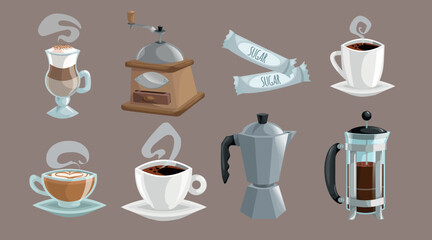 Coffee objects set. White cup of coffee with heart shaped cream, sugar sachets, grinder, french press. Vector cartoon style flat illustrations.