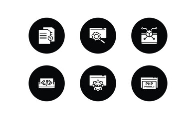 programming filled icons set. programming filled icons pack included duplicate, web optimization, simulation, coding, image seo, php vector.