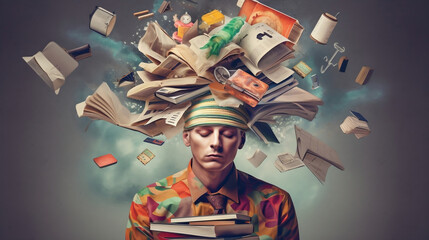 Abstract concept of learning and time management, Man with books falling on his head