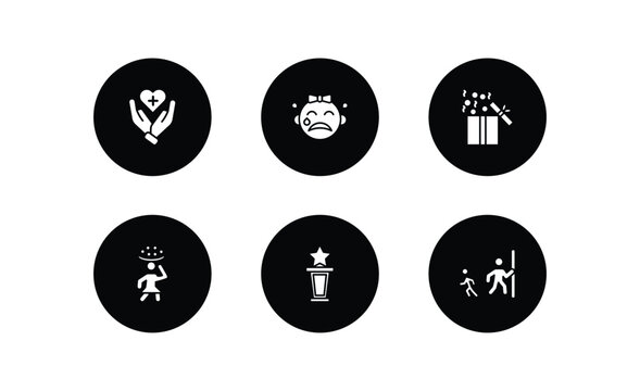 people filled icons set. people filled icons pack included healthcare and medical, crying baby, open present box, woman carrying, cinema award, hide and seek vector.