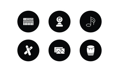 music filled icons set. music filled icons pack included synthesizer, webcam video call, thirty second note, clave, album, bongo vector.