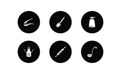 kitchen filled icons set. kitchen filled icons pack included garlic press, paddle, soap dispenser, apron, rolling pin, ladle vector.