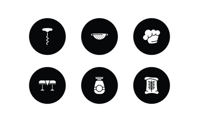 kitchen filled icons set. kitchen filled icons pack included corkscrew, strainer, chef hat, tablecloth, jar, flour vector.