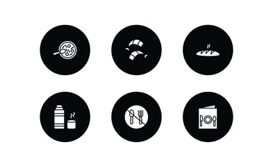 food filled icons set. food filled icons pack included snow fungus soup, shrimps, french bread, thermo flask, no eating, restaurant menu vector.