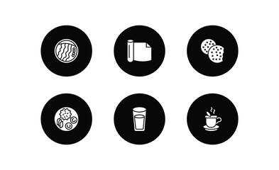 food filled icons set. food filled icons pack included wonton noodles, wrapping, biscuits, hainanese chicken, water glass, hot herbal vector.