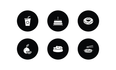 food filled icons set. food filled icons pack included drinking, cake with one candle, chote donut, citrus fruits, dog food, chinese vector.