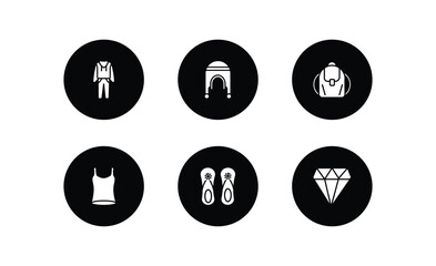 fashion filled icons set. fashion filled icons pack included men tracksuit, coif, shoulder bag, women sleeveless shirt, pair sandals, diamond vector.