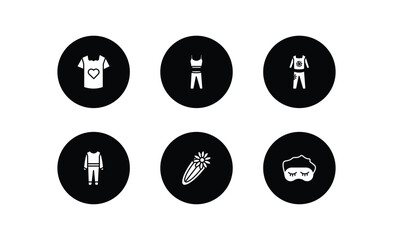 fashion filled icons set. fashion filled icons pack included t shirt with heart, gym clothes, women tracksuit, working coverall, barrette, sleeping mask vector.