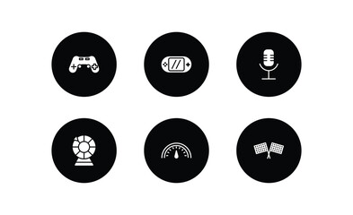 arcade filled icons set. arcade filled icons pack included gamepad, video console, voice acting, lottery game, speedometer, racing vector.