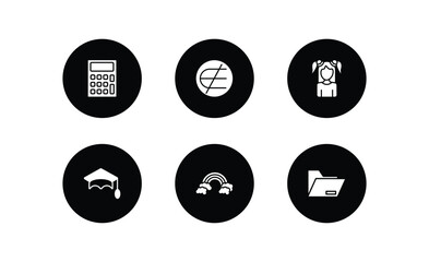 education filled icons set. education filled icons pack included school calculator, is not an element of, kid, graduation mortarboard, basic rainbow, open file vector.
