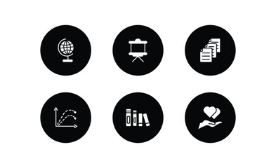 education filled icons set. education filled icons pack included classroom globe, writing whiteboard, various files, ballistic, library books, hand care vector.