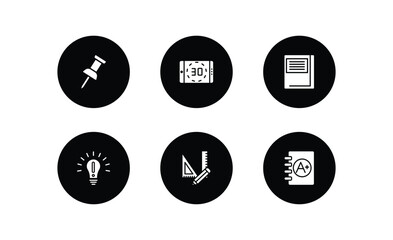 education filled icons set. education filled icons pack included pushpin, digital display 30, hard cover book, having an idea, measuring tools, clipboard with a+ vector.