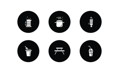 drinks filled icons set. drinks filled icons pack included beer mug, boiling, latte, ice bucket and bottle, picnic table, smoothie vector.