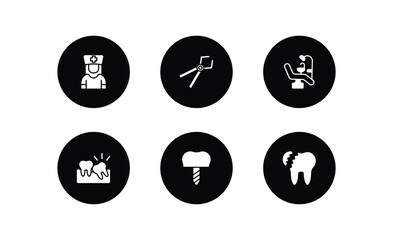 dentist filled icons set. dentist filled icons pack included male nurse, tooth pliers, dental chair, wisdom tooth, implant, broken tooth vector.