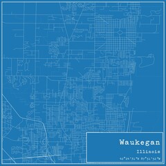 Blueprint US city map of Waukegan, Illinois.
