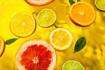Fototapeta na wymiar Different citrus fruit slices and leaves in water on yellow background