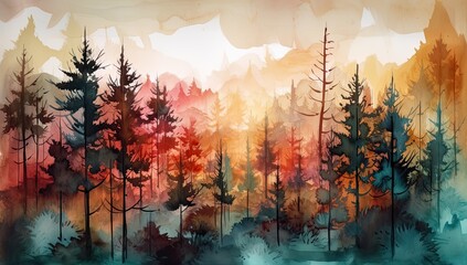 Fall landscape with orange misty forest trees. Generative AI